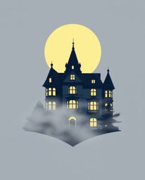 A geometric logo design showcases a fog-covered Victorian mansion bathed in moonlight.  The design emphasizes clean lines, ba