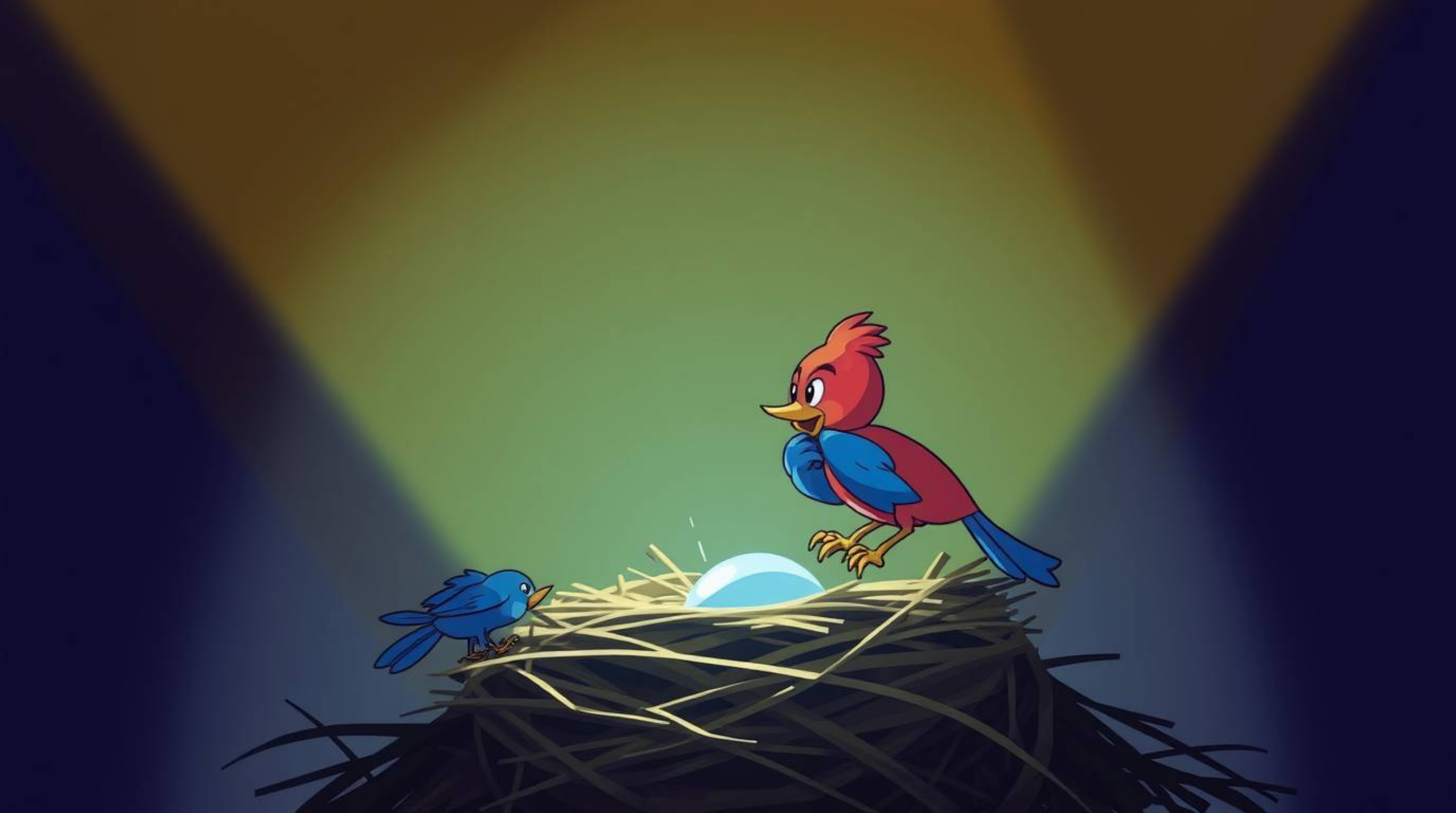 This artwork features two cartoon birds diligently building a nest in a classic animation style. The scene is bathed in stron