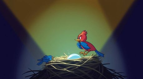 This artwork features two cartoon birds diligently building a nest in a classic animation style. The scene is bathed in stron
