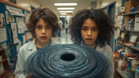 A highly detailed, cinematic photograph captures a dynamic duo of two diverse young scientists in a cluttered high school sci
