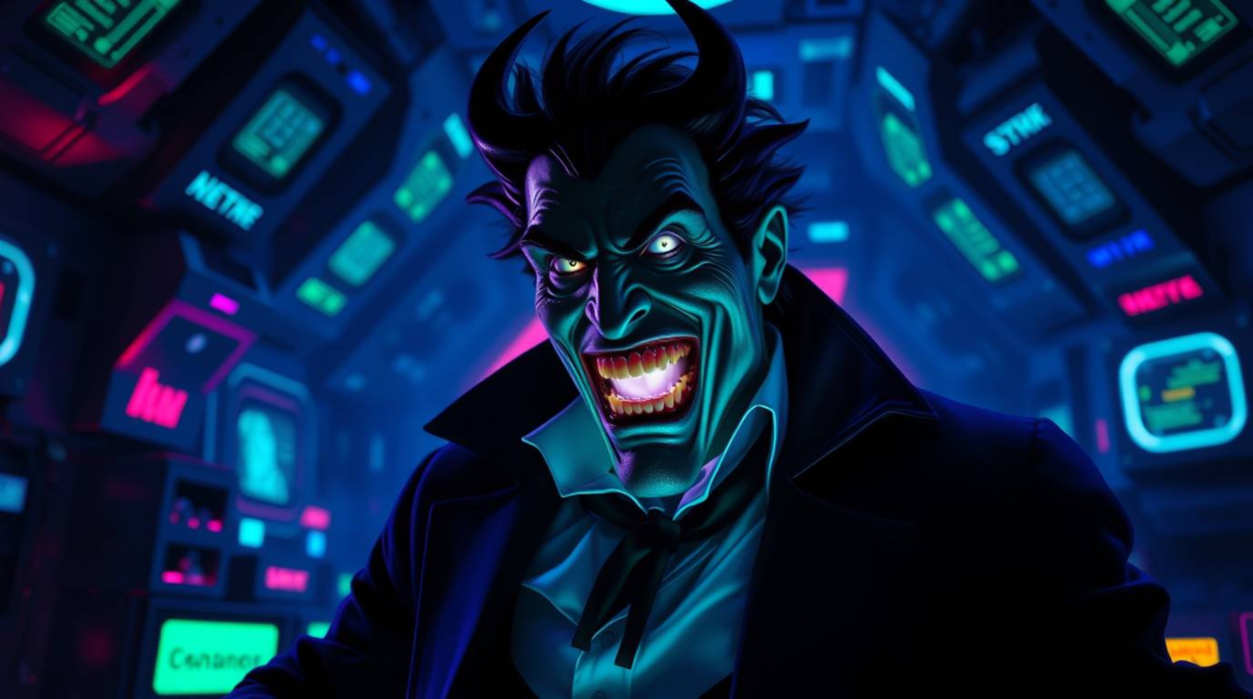 Witness a villain's comedic unraveling within a state-of-the-art lair, illuminated by captivating bioluminescent colors in co