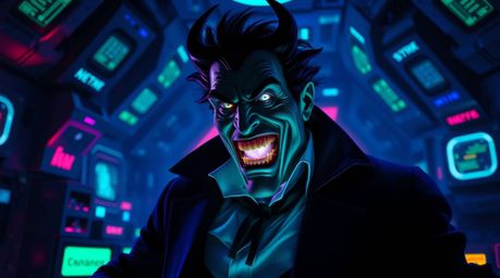 Witness a villain's comedic unraveling within a state-of-the-art lair, illuminated by captivating bioluminescent colors in co