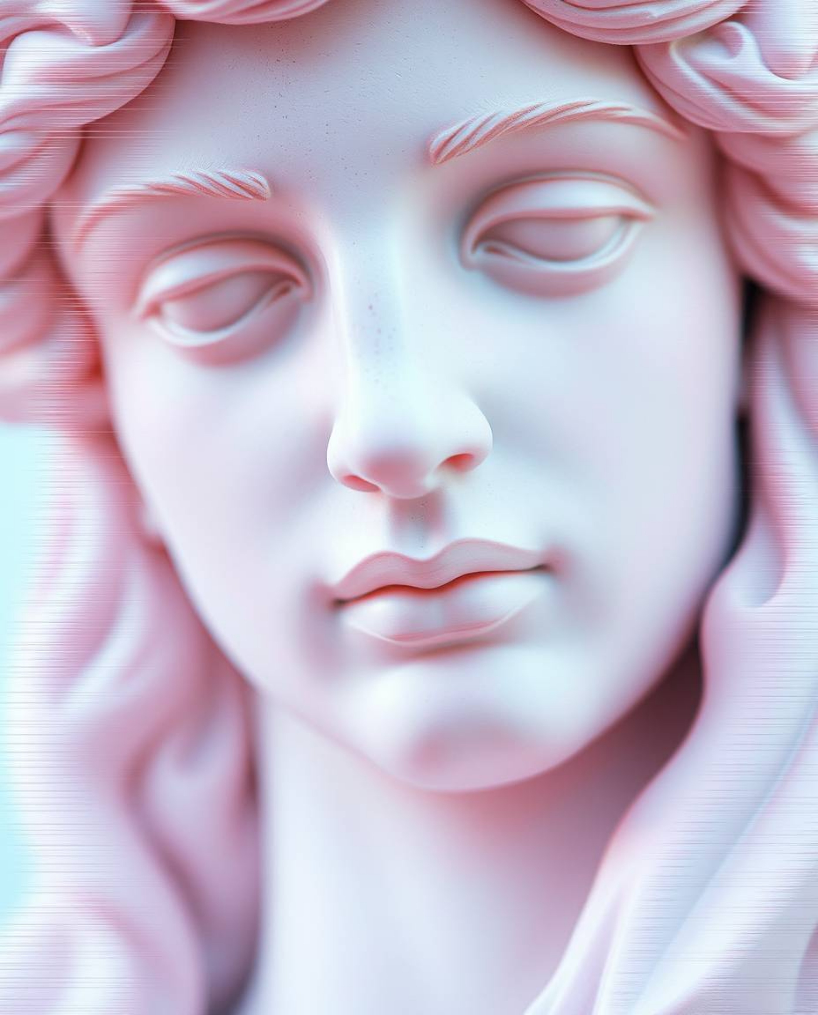 A captivating extreme macro close-up reveals a classical sculpture subtly altered by a soft pastel glitch effect. This image 