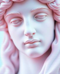 A captivating extreme macro close-up reveals a classical sculpture subtly altered by a soft pastel glitch effect. This image 
