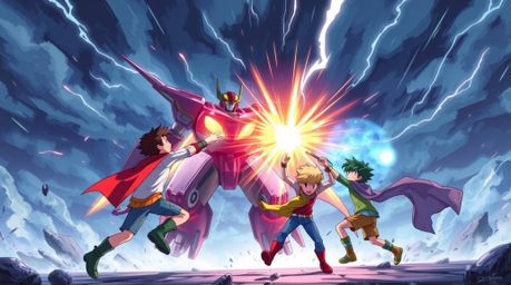 A trio of superpowered kids battles a formidable robot amidst intense and dramatic weather, creating a lively and energetic s