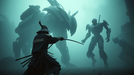 In a dystopian world shrouded in thick fog, a lone samurai clashes with a formidable robot. The low visibility intensifies th