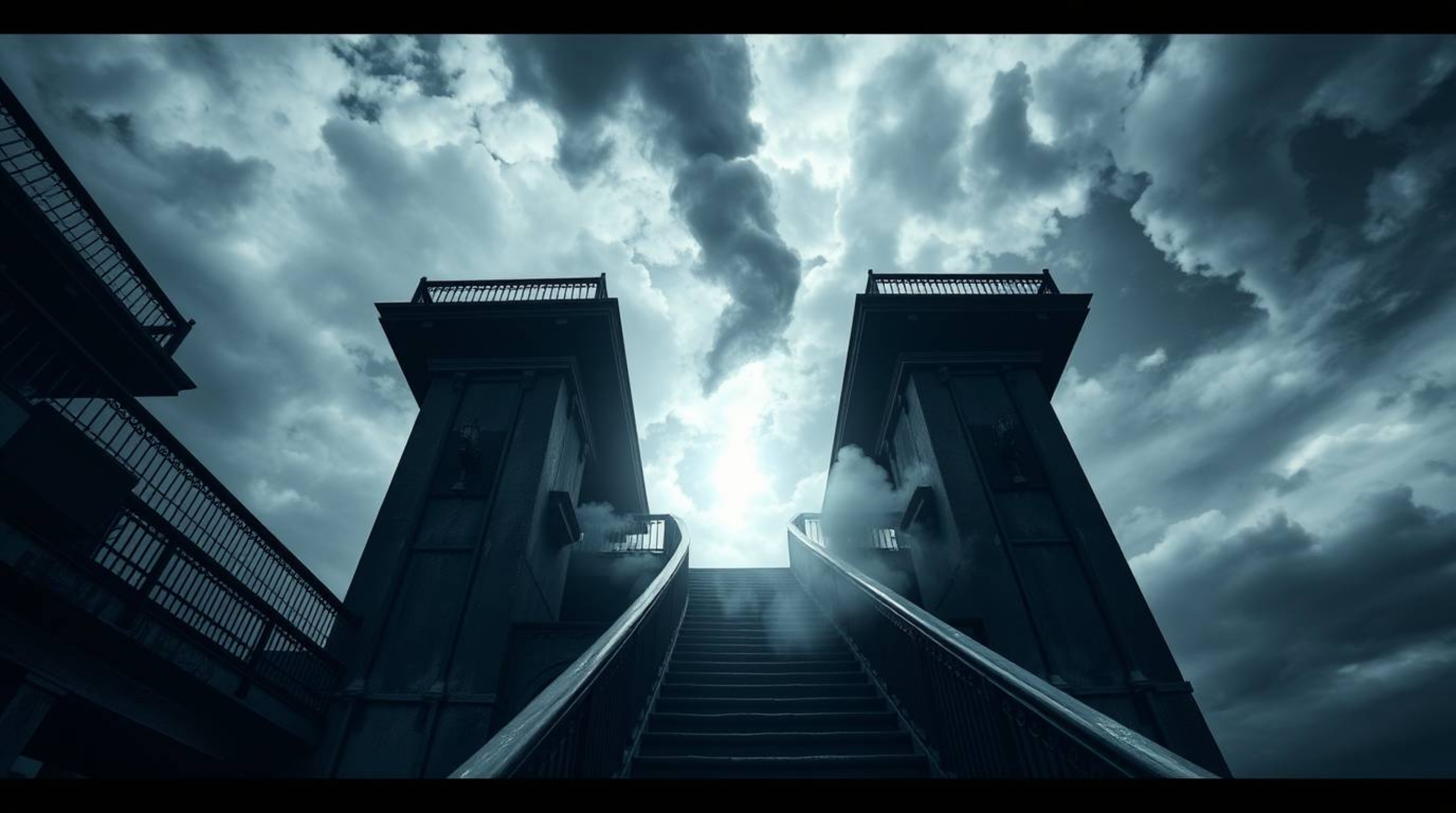 A precise architectural color photograph captures an eerie atmosphere with a winding stairway formed from smoke and light asc
