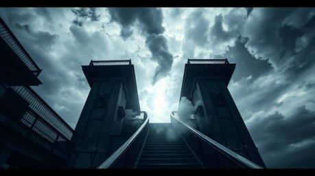 A precise architectural color photograph captures an eerie atmosphere with a winding stairway formed from smoke and light asc