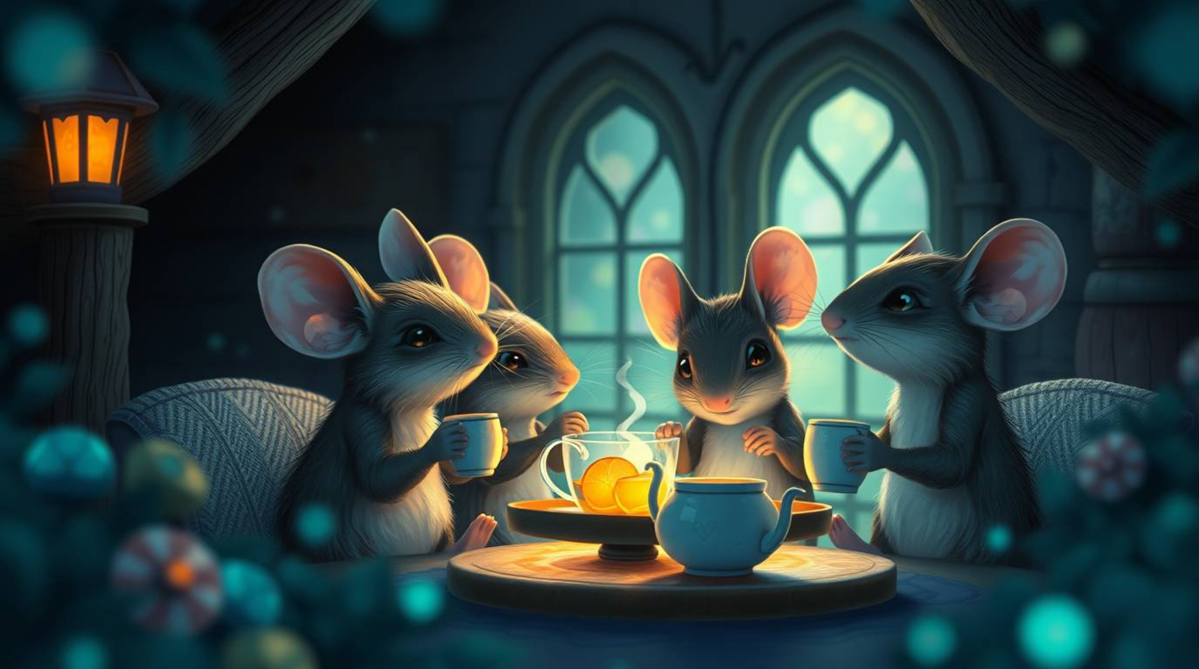 This illustration features anthropomorphic mice enjoying a tea party in a snug cottage, brought to life with vibrant, biolumi