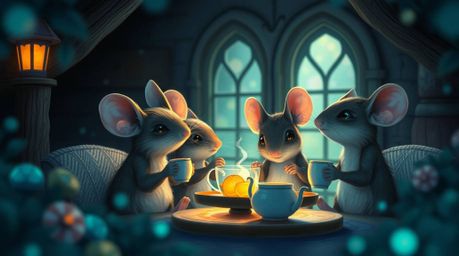 This illustration features anthropomorphic mice enjoying a tea party in a snug cottage, brought to life with vibrant, biolumi