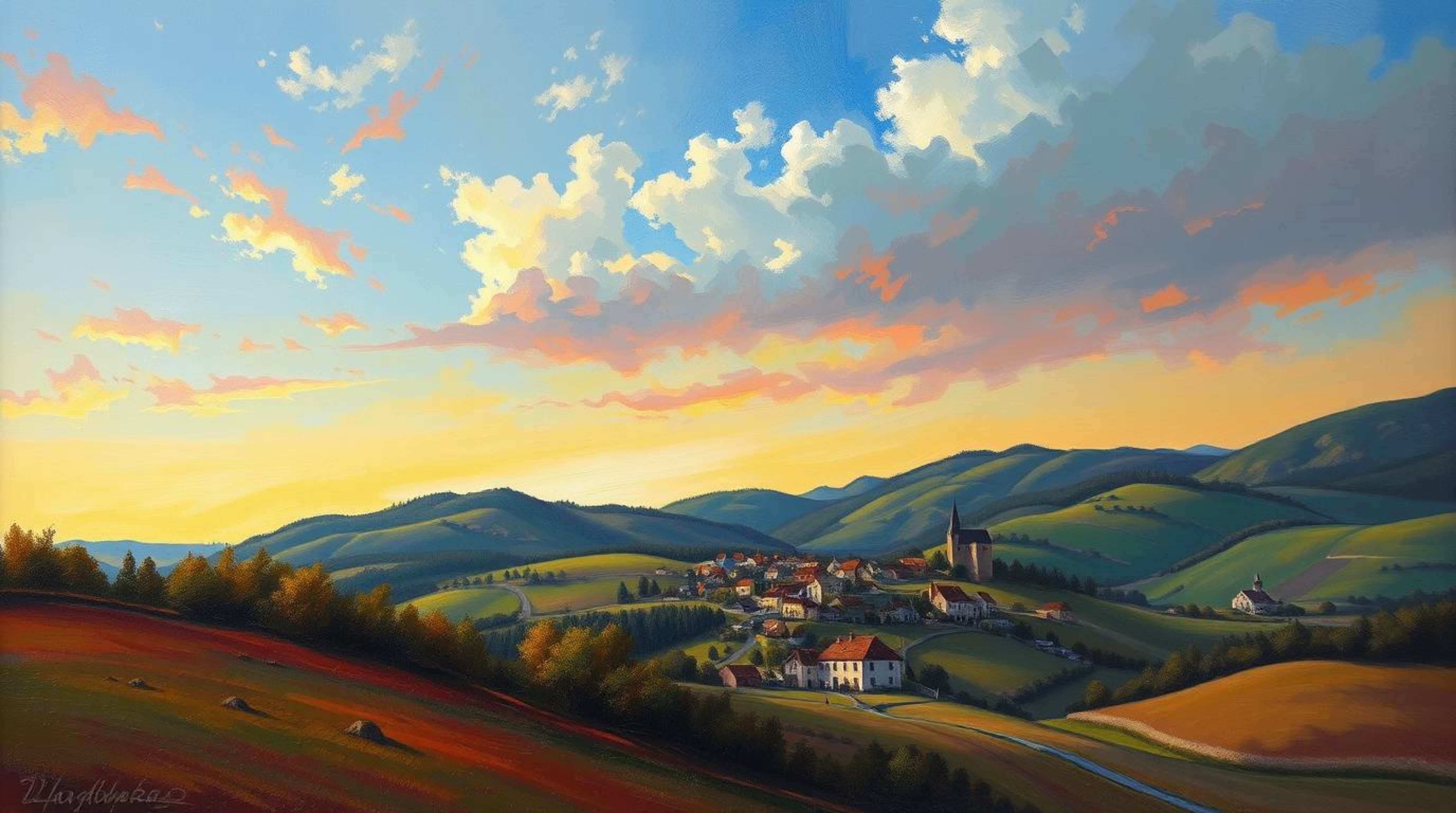 A classic oil painting depicting a cozy village nestled in a valley beneath a vibrant, colorful sky. The artwork boasts rich