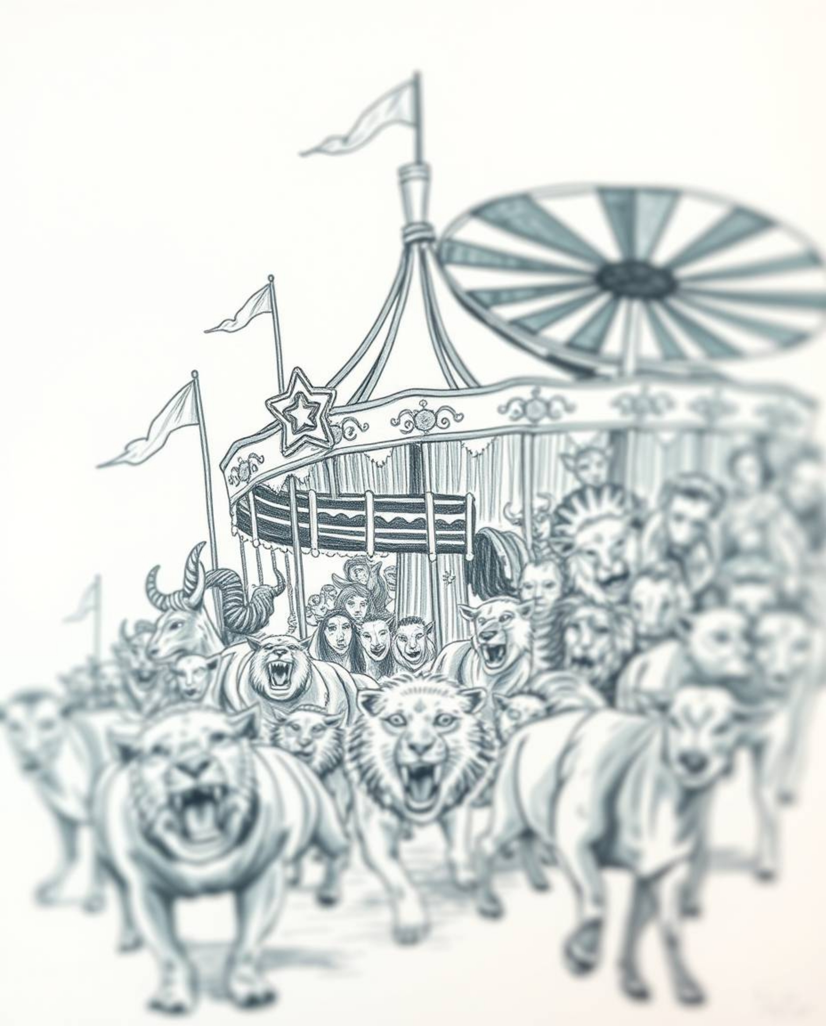 A captivating hand-drawn sketch depicts a carnival unexpectedly overrun by wild animals. Rendered with rich, deep teal hues a
