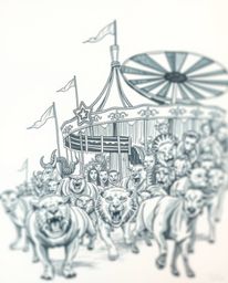 A captivating hand-drawn sketch depicts a carnival unexpectedly overrun by wild animals. Rendered with rich, deep teal hues a