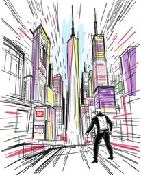 A vibrant, hand-drawn sketchnote depicts a dynamic glitchy digital landscape.  Distorted skyscrapers and static noise create 