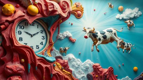 Explore a surreal dreamscape featuring melting clocks and floating cows, brought to life in bright, layered papier-mâché. Thi