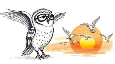 A heartwarming hand-drawn sketch in the style of Pixar depicts a blind owl with gentle features teaching a class of birds in 