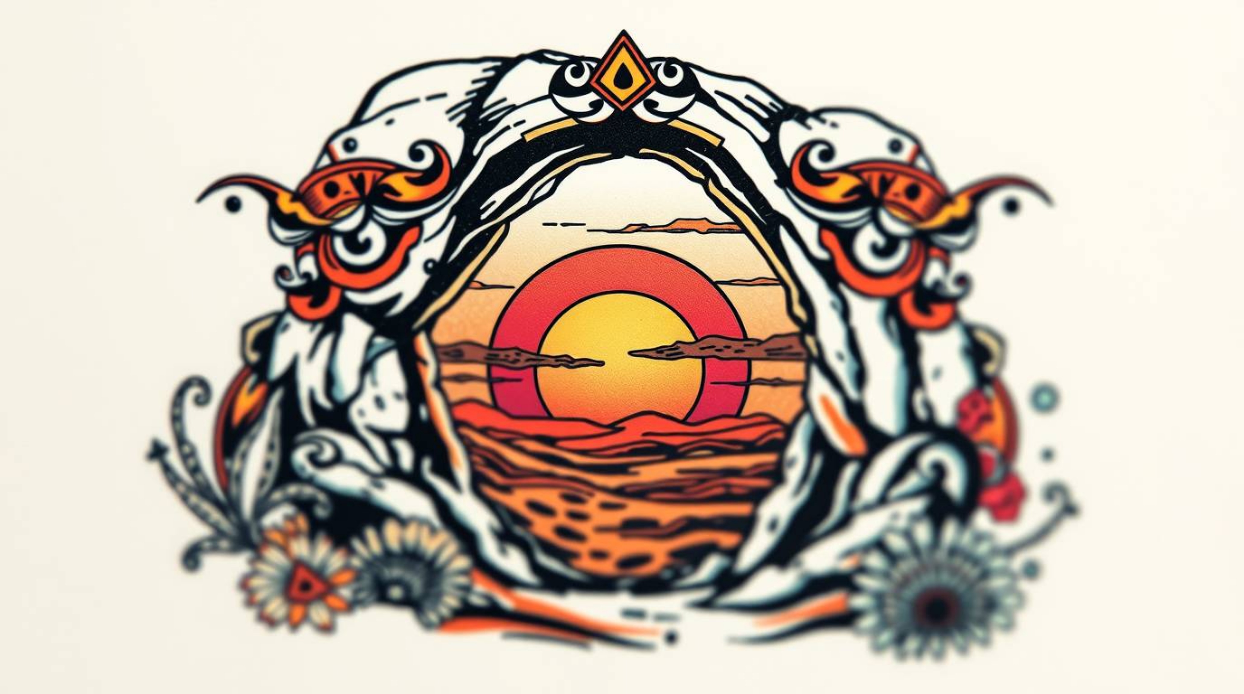 This vibrant symbolic tattoo art print captures a stunning desert landscape featuring a sunset viewed through a natural rock 