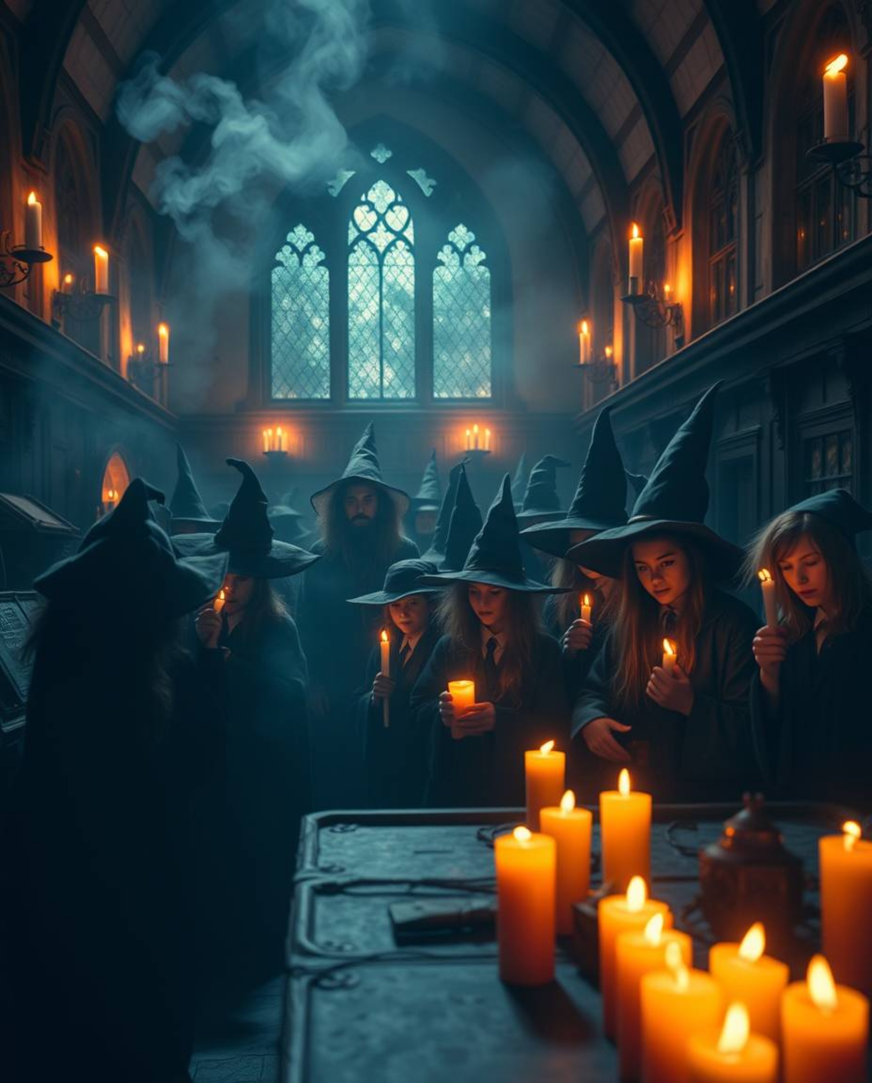 Immerse yourself in a magical school brimming with young wizards, where warm candlelight casts a dimly lit glow, creating an 