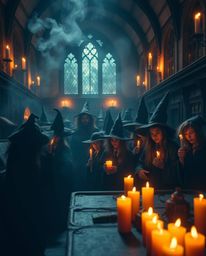Immerse yourself in a magical school brimming with young wizards, where warm candlelight casts a dimly lit glow, creating an 