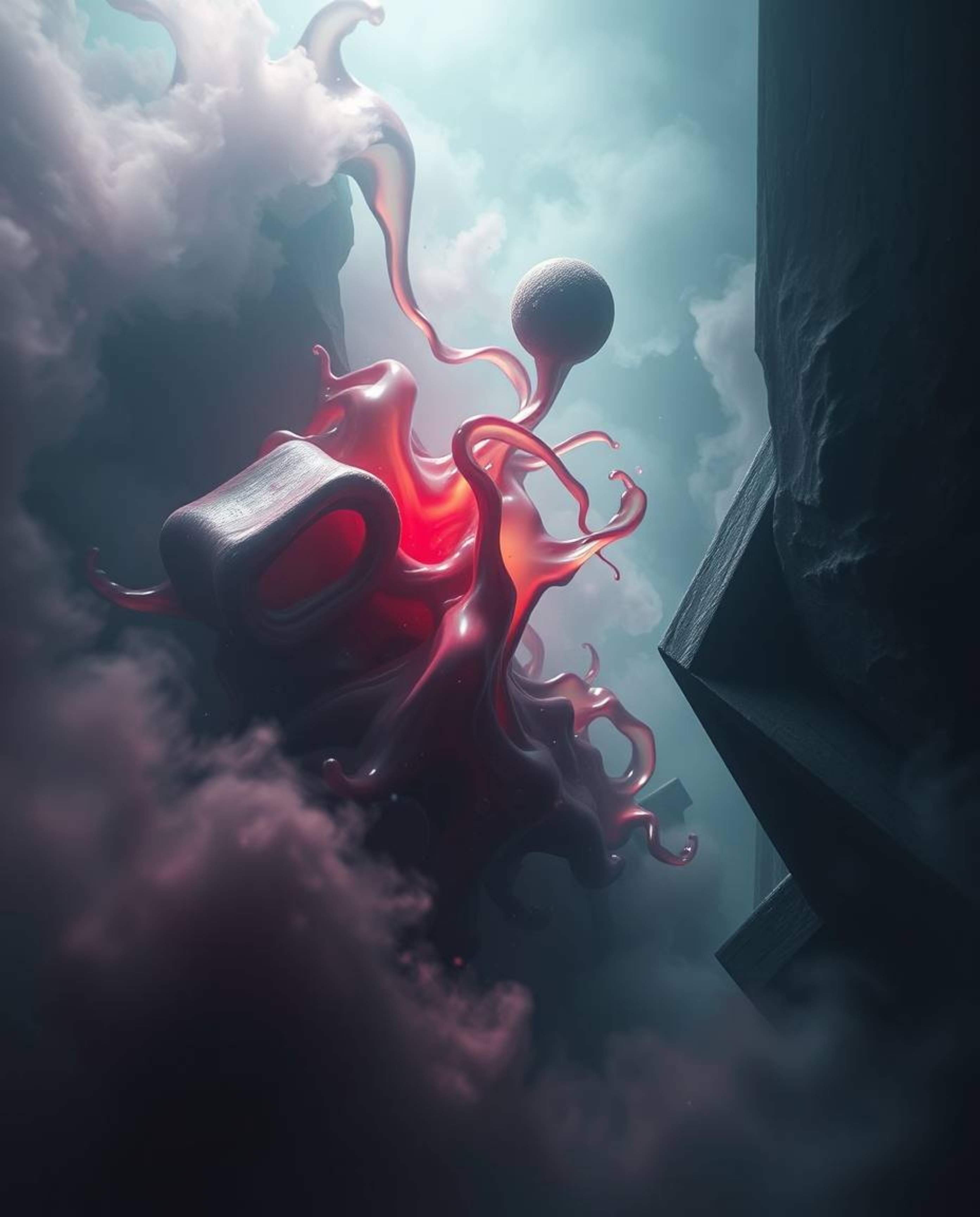 This image evokes an eerie and unsettling atmosphere through the use of a soft cinematic haze and dark tones. Colorful 3D flu