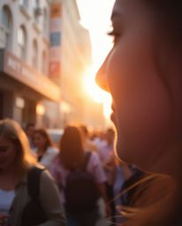 Explore a captivating blend of candid street photography bathed in a warm golden glow, featuring tight close-up shots and spo