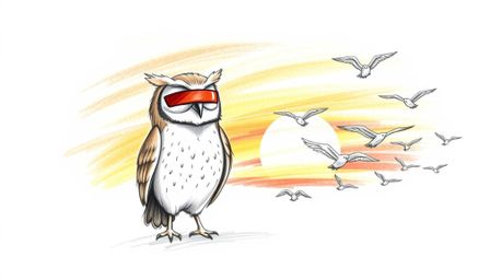 A charming hand-drawn sketch depicts a blind owl, rendered in a Pixar-esque style, leading a class of flying birds against a 
