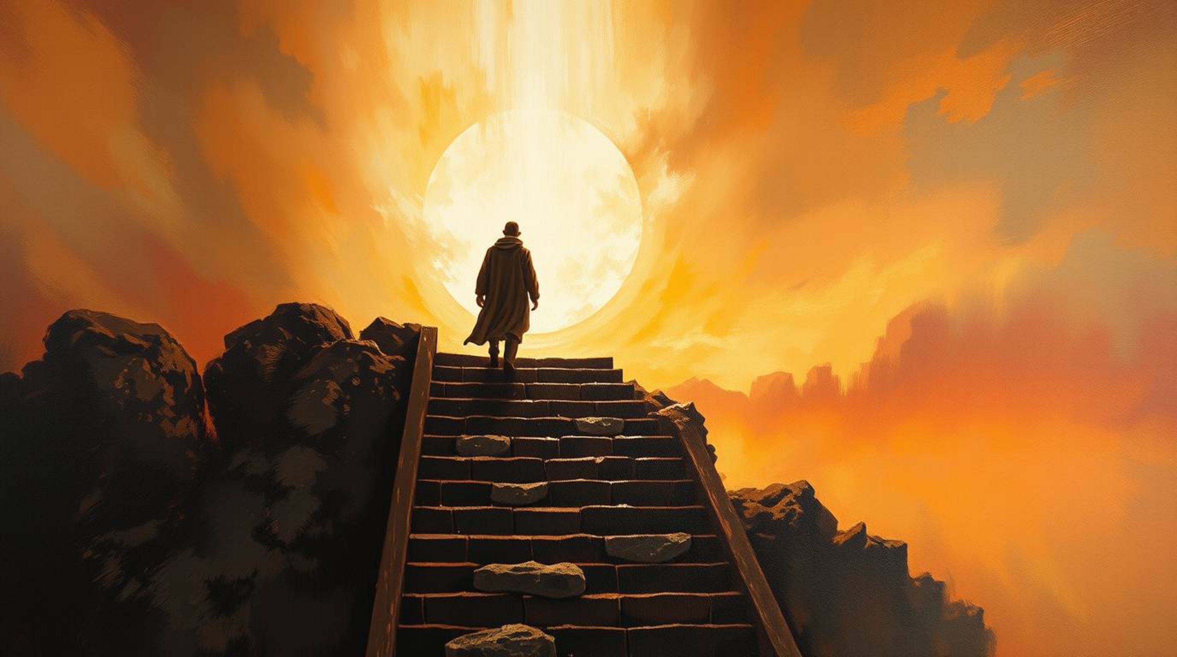 A classic oil painting captures a lone figure's ascent up a stone staircase into a divine beam of light. Surrounded by a smok