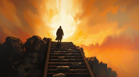 A classic oil painting captures a lone figure's ascent up a stone staircase into a divine beam of light. Surrounded by a smok