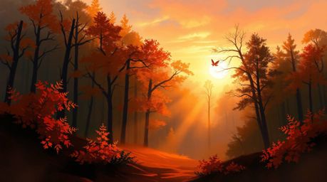 A dynamic digital sketch depicting an autumn forest bathed in the golden light of sunset. Loose painterly strokes, volumetric