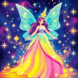 A captivating illustration depicts a fairy godmother emerging from a swirl of vibrant, electric sparkles.  Rendered in a rand