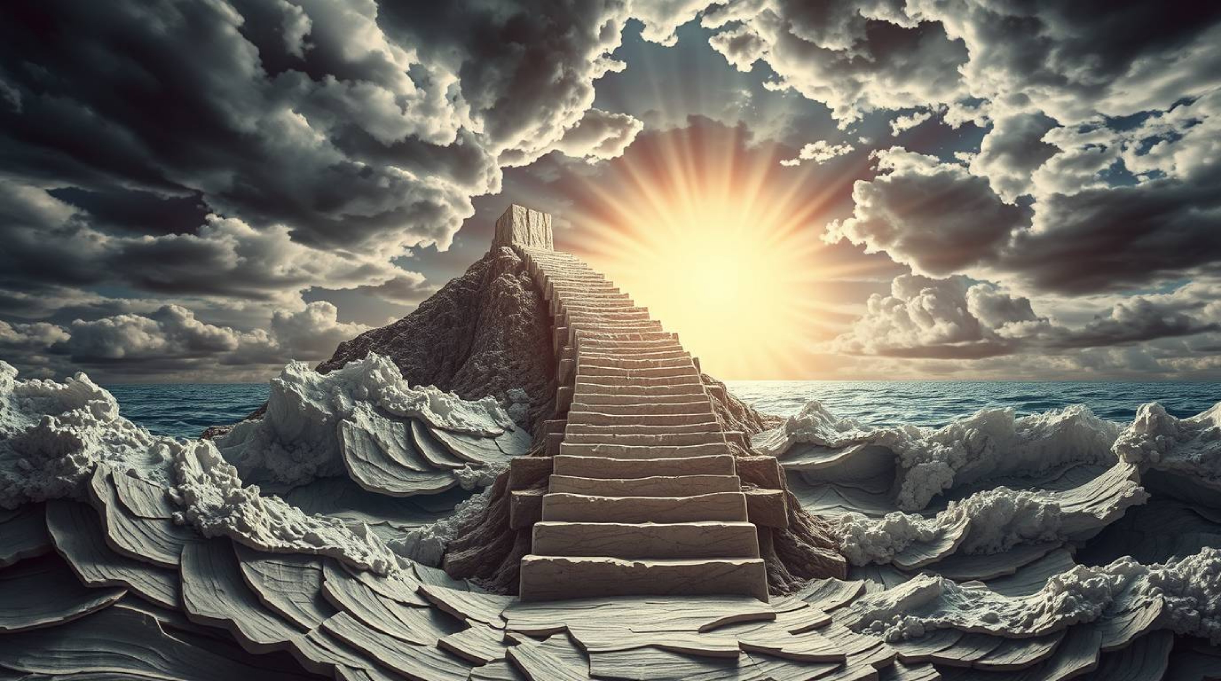 A dramatic ocean staircase art piece, rendered in surreal infrared tones, evokes a sense of epic scale and symbolic meaning. 