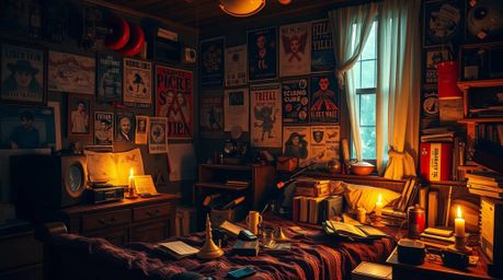 A photorealistic rendering of a messy bedroom scene, illuminated by flickering candlelight. The room is filled with strange g