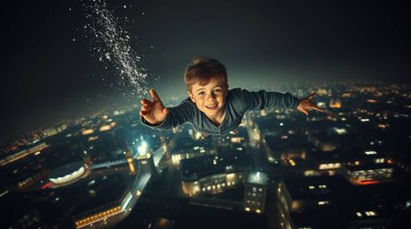 Experience the magic of a young boy soaring above London with the aid of pixie dust in this dramatic high-angle perspective s