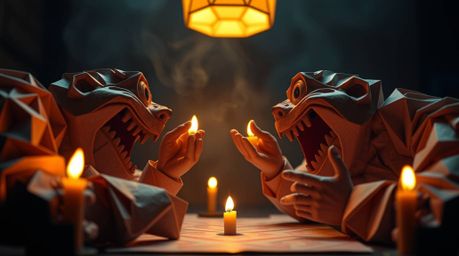 A hilarious gross-out comedy scene unfolds in a captivating setting of intricate origami art, bathed in the warm, flickering 