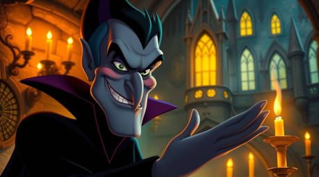 A classic Disney villain, with dark, intense eyes and a sly grin, casts a spell within an ancient castle illuminated by warm 