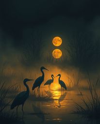 An eerie illustration of a Golden hour wetlands scene with herons, characterized by its creepy atmosphere. The artwork utiliz