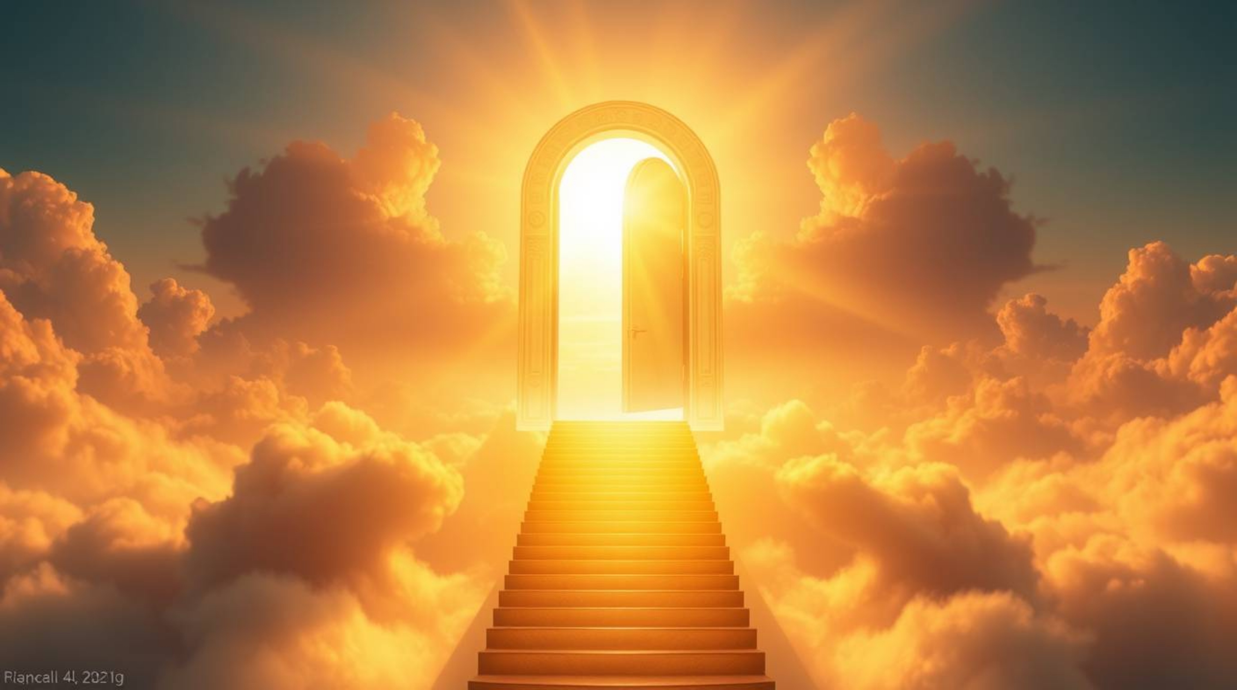 A breathtaking fantasy realism image depicts a heavenly gate bathed in warm golden hour light, floating above a sea of clouds