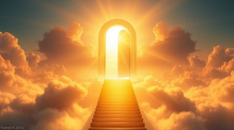 A breathtaking fantasy realism image depicts a heavenly gate bathed in warm golden hour light, floating above a sea of clouds
