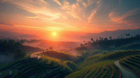 A captivating digital painting showcases a high-angle view of a sunset casting a mystic, enchanting glow over vibrant rice te