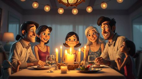 Capture the heartwarming essence of a Pixar-style family reunion with this fine art photograph. Bathed in the soft glow of ca