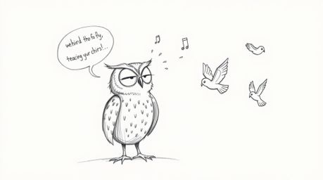 A whimsical hand-drawn sketch in the style of Pixar depicts a blind owl with textured pencil strokes, patiently teaching bird