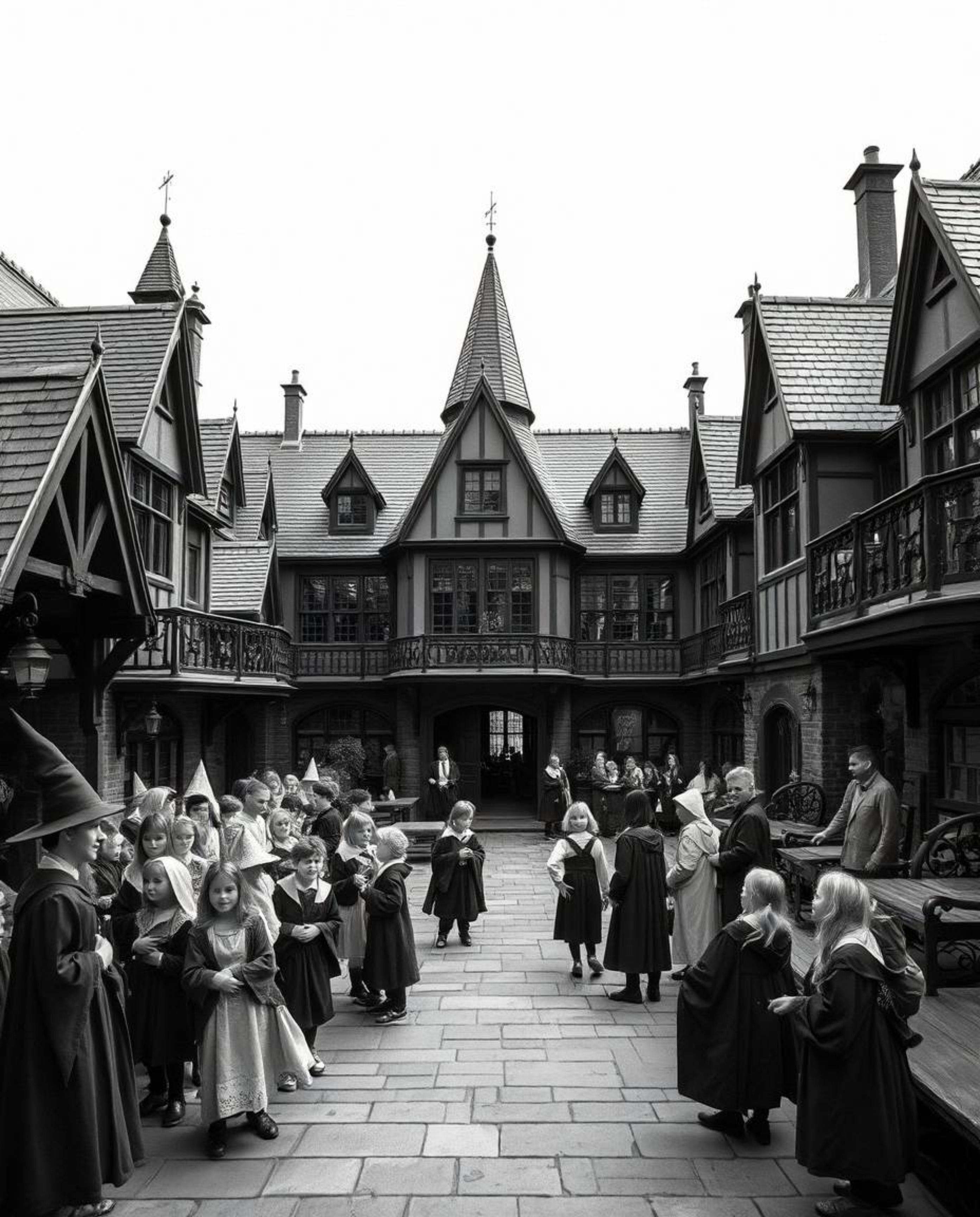 A timeless and elegant black and white photograph captures the charm of a magical school filled with young wizards.  Evoking 
