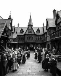 A timeless and elegant black and white photograph captures the charm of a magical school filled with young wizards.  Evoking 