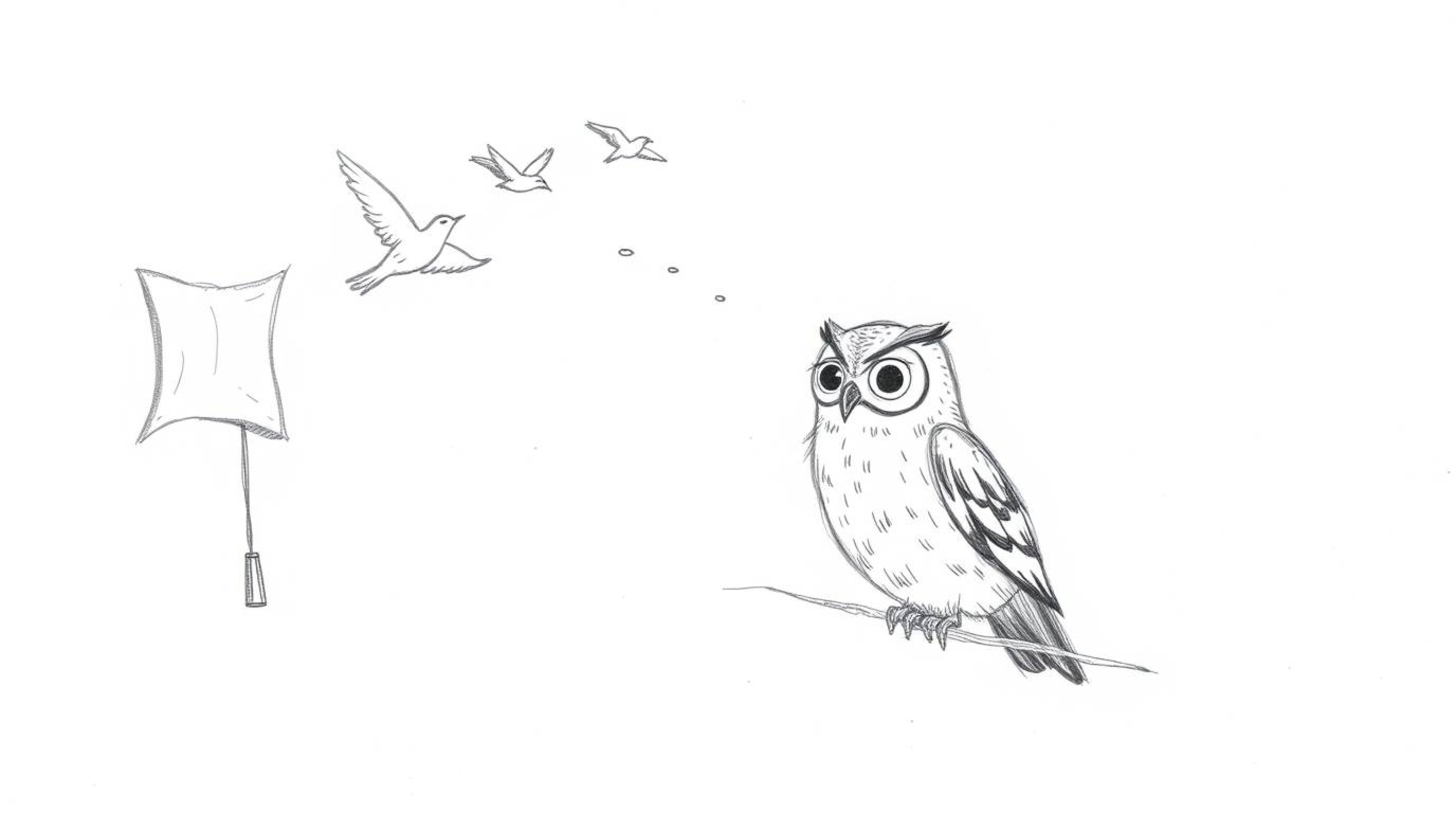 A heartwarming hand-drawn sketch in the style of Pixar portrays a blind owl with charming textured pencil strokes against a c