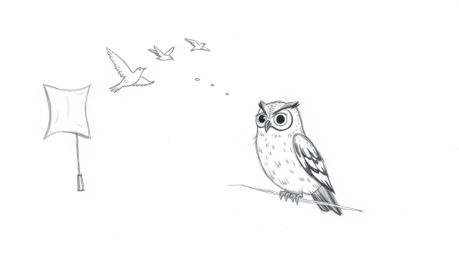 A heartwarming hand-drawn sketch in the style of Pixar portrays a blind owl with charming textured pencil strokes against a c