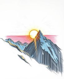 This is a hand-drawn sketch on a white background, depicting a massive, heroic scene of a sunset from a high alpine peak. The