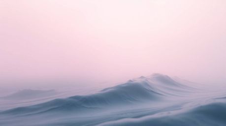 Experience a dramatic low-angle perspective of a fluid abstract wave, bathed in a pastel gradient.  Thick fog dramatically re