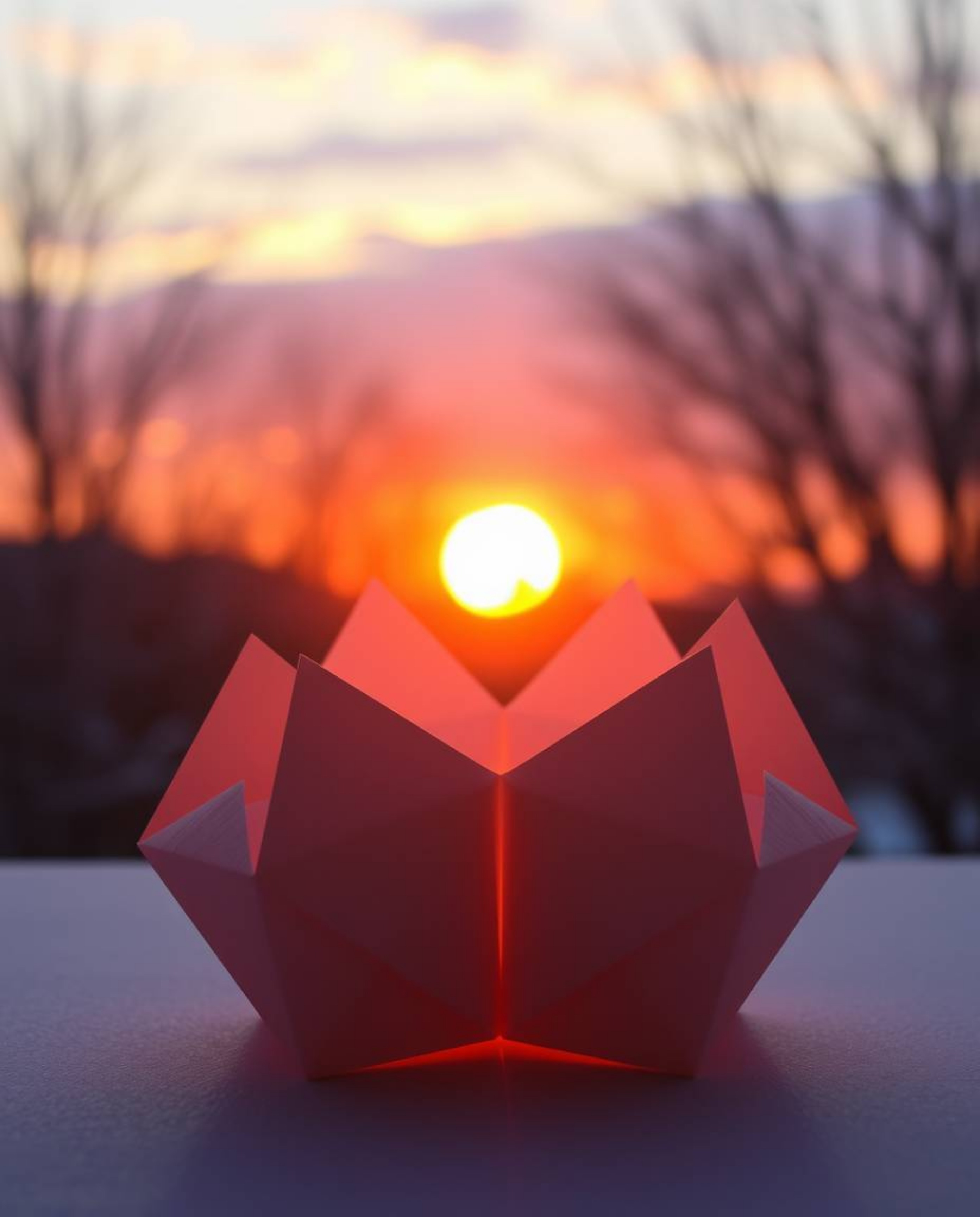 An intricate origami-style scene captures the beauty of snowflakes falling during a vibrant sunset. Bathed in the warm golden