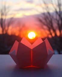 An intricate origami-style scene captures the beauty of snowflakes falling during a vibrant sunset. Bathed in the warm golden