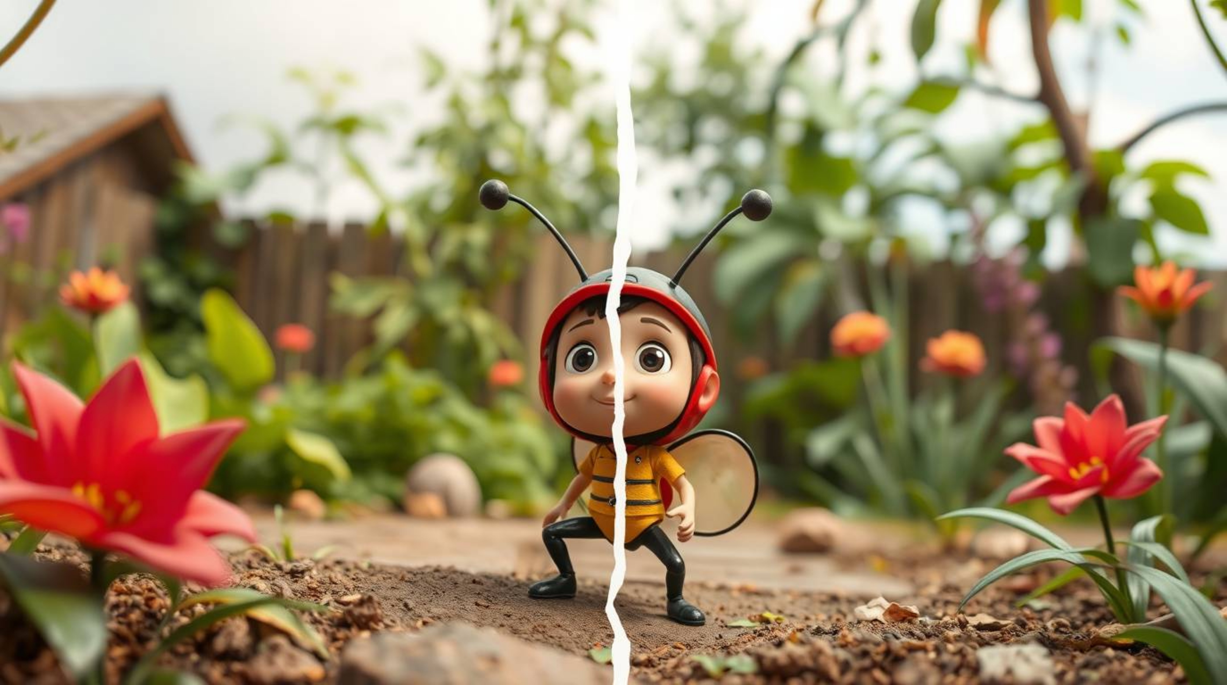 Discover a captivating split image depicting an adorable, bug-sized hero embarking on an exciting adventure through a vibrant
